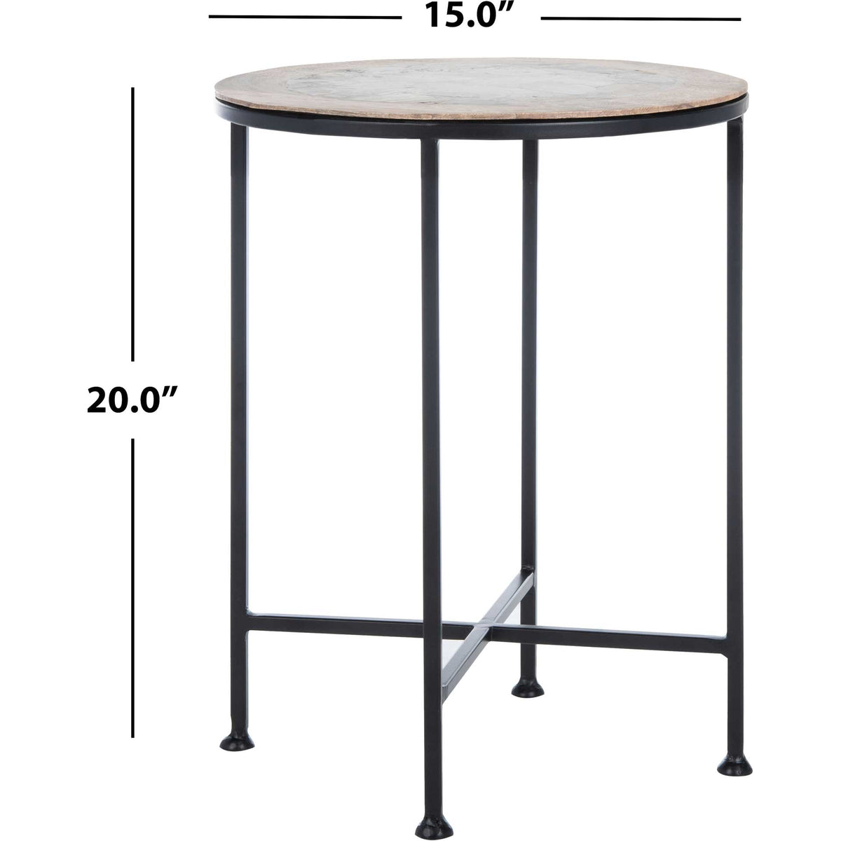 The round agate accent table measures 15 inches across and 20 inches high on a black metal base.