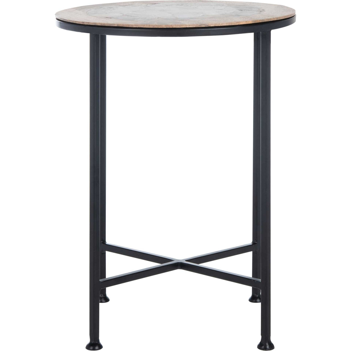 A round agate accent table pairs a wood-framed top with slim black legs and an X-shaped stretcher. || ACC5302A || front_studio