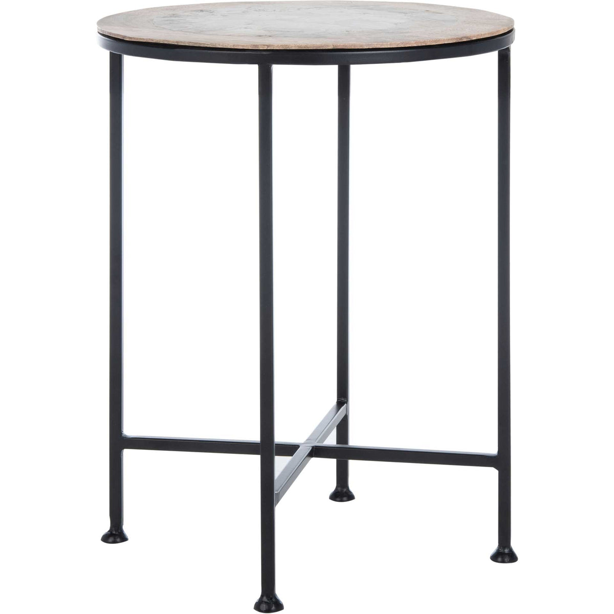Slim black metal legs and low crossbars support a round agate tabletop framed in natural wood. || ACC5302A || side_studio