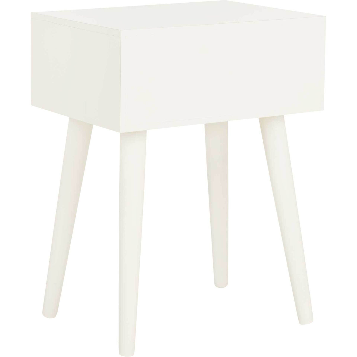 White side table combines a simple boxy cabinet with slim, splayed legs