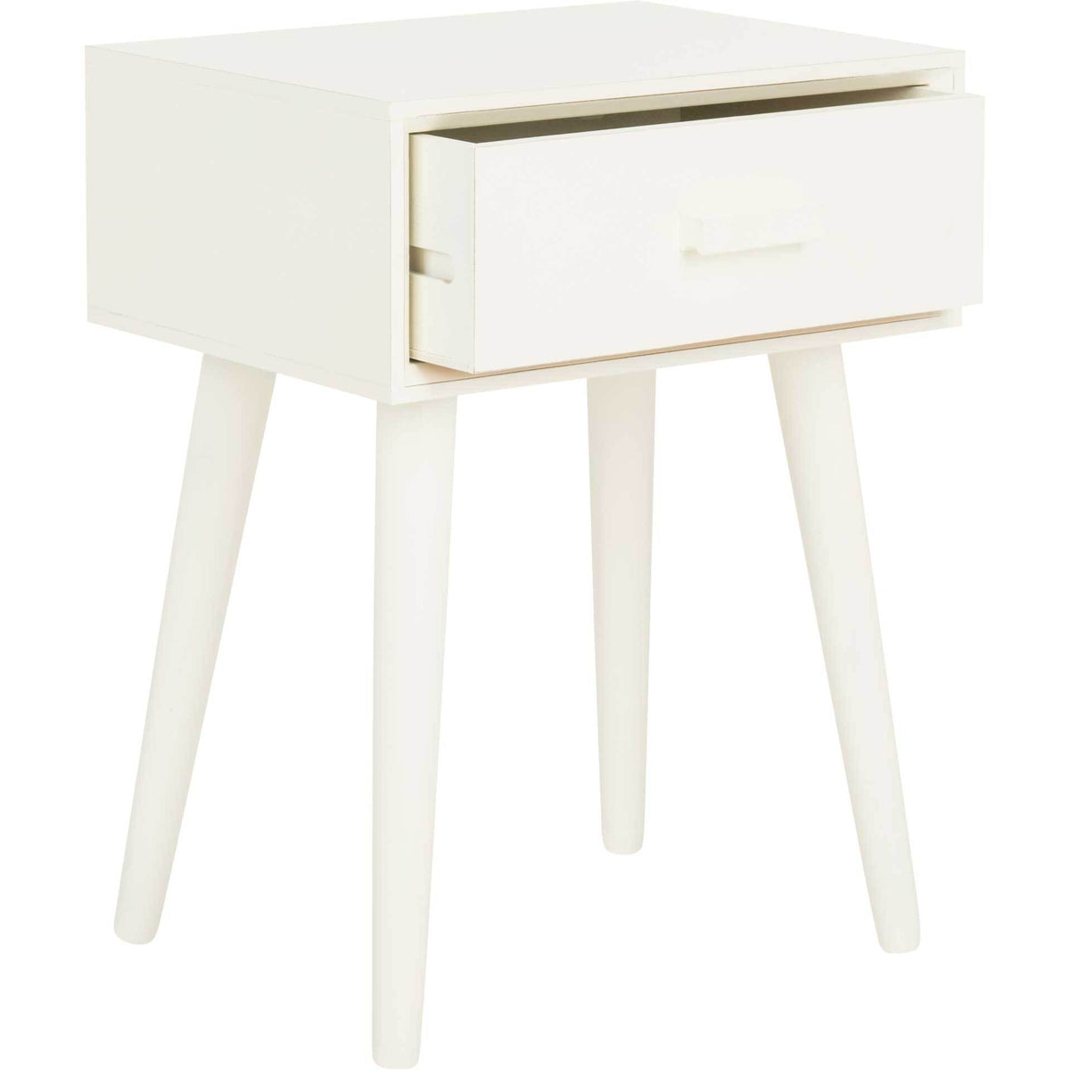 White side table with a partially opened drawer beneath its smooth rectangular top