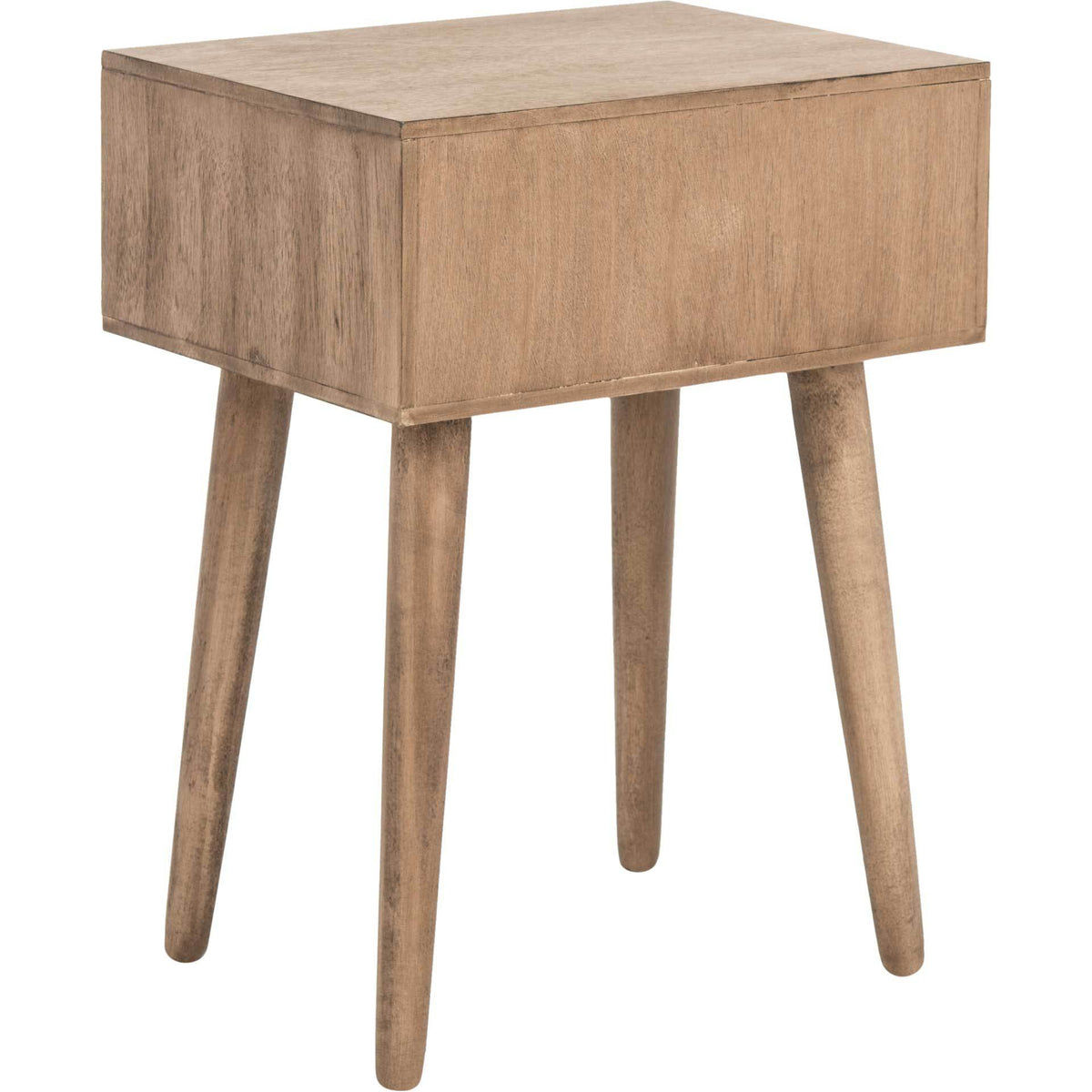 Light brown side table pairs a clean-lined wood cabinet with four splayed legs