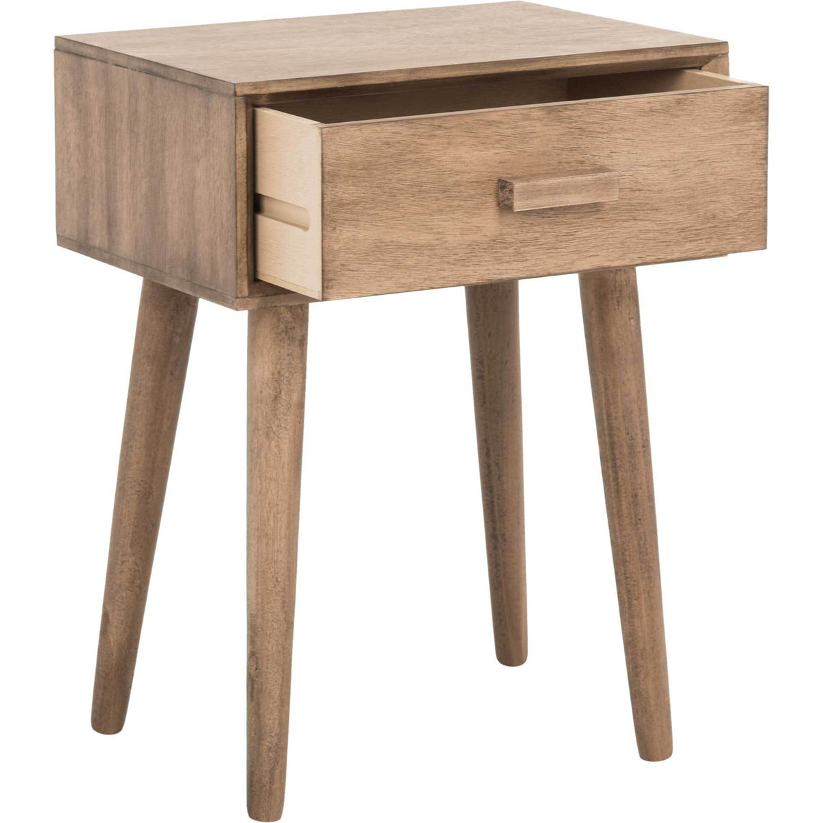 Light brown wood side table with its drawer partially open to reveal storage