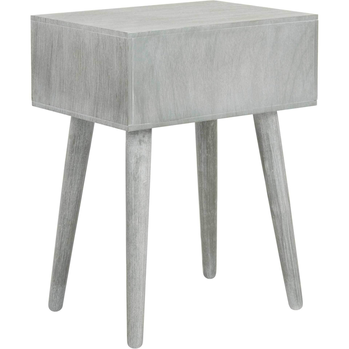 Slate gray side table pairs a boxy cabinet with four tapered, splayed legs