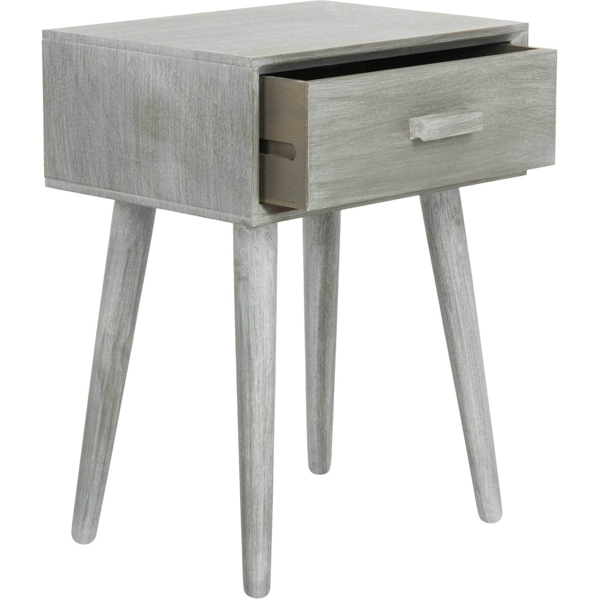 Slate gray side table with its single drawer partially open for storage