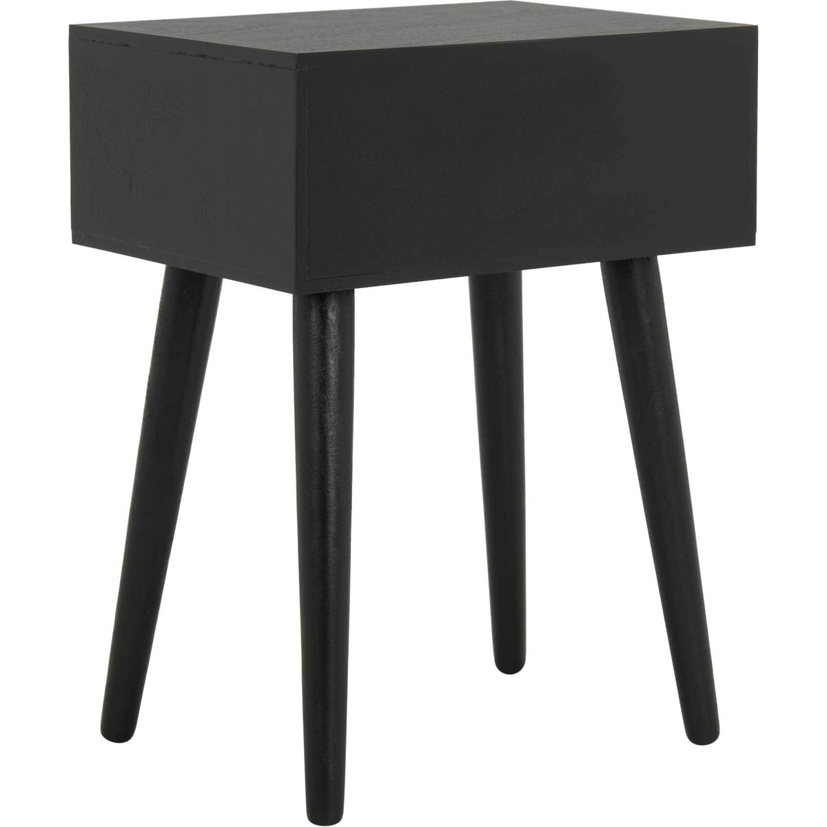Black wood side table with a simple cabinet back and four splayed legs