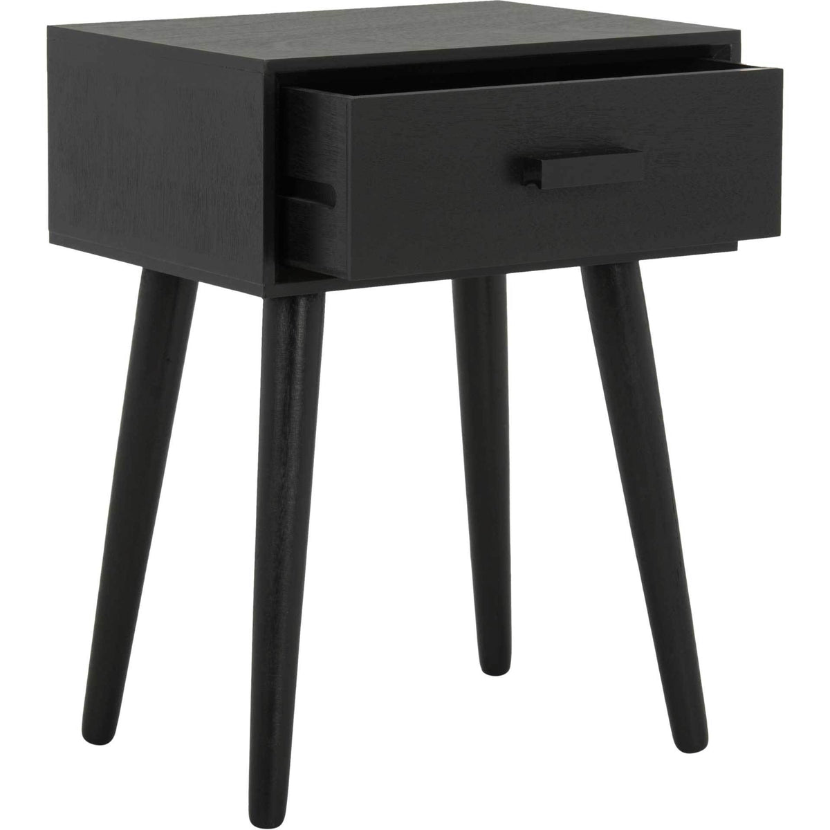 Black side table with its drawer partially open beneath a clean-lined top