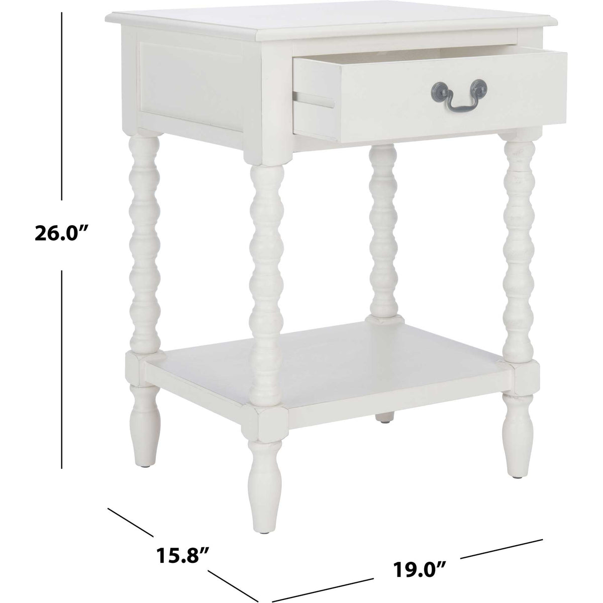 Standing 26 inches tall, this white table spans 19 inches wide and 15.8 inches deep