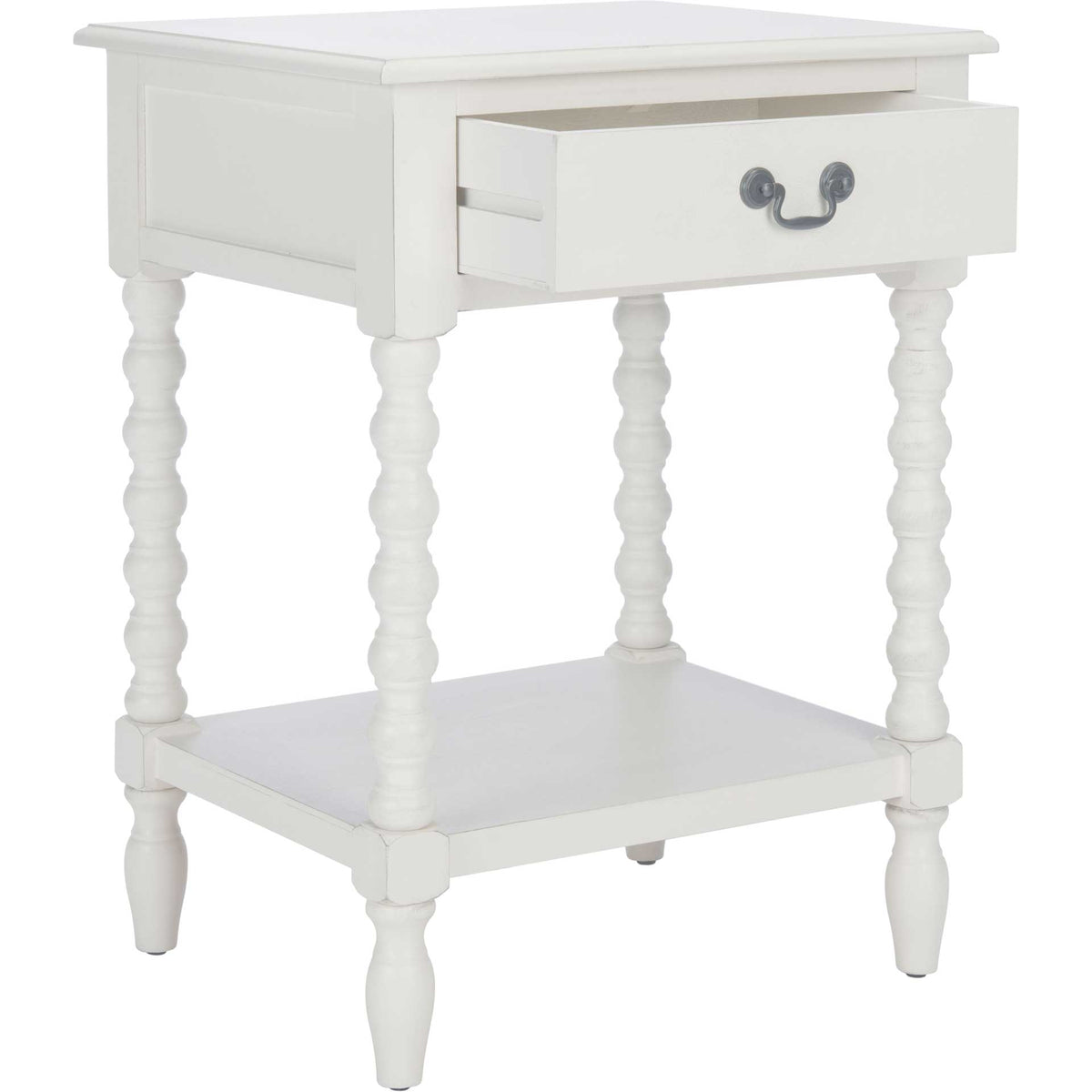 An open drawer offers easy access on this white table with turned legs and a bottom shelf