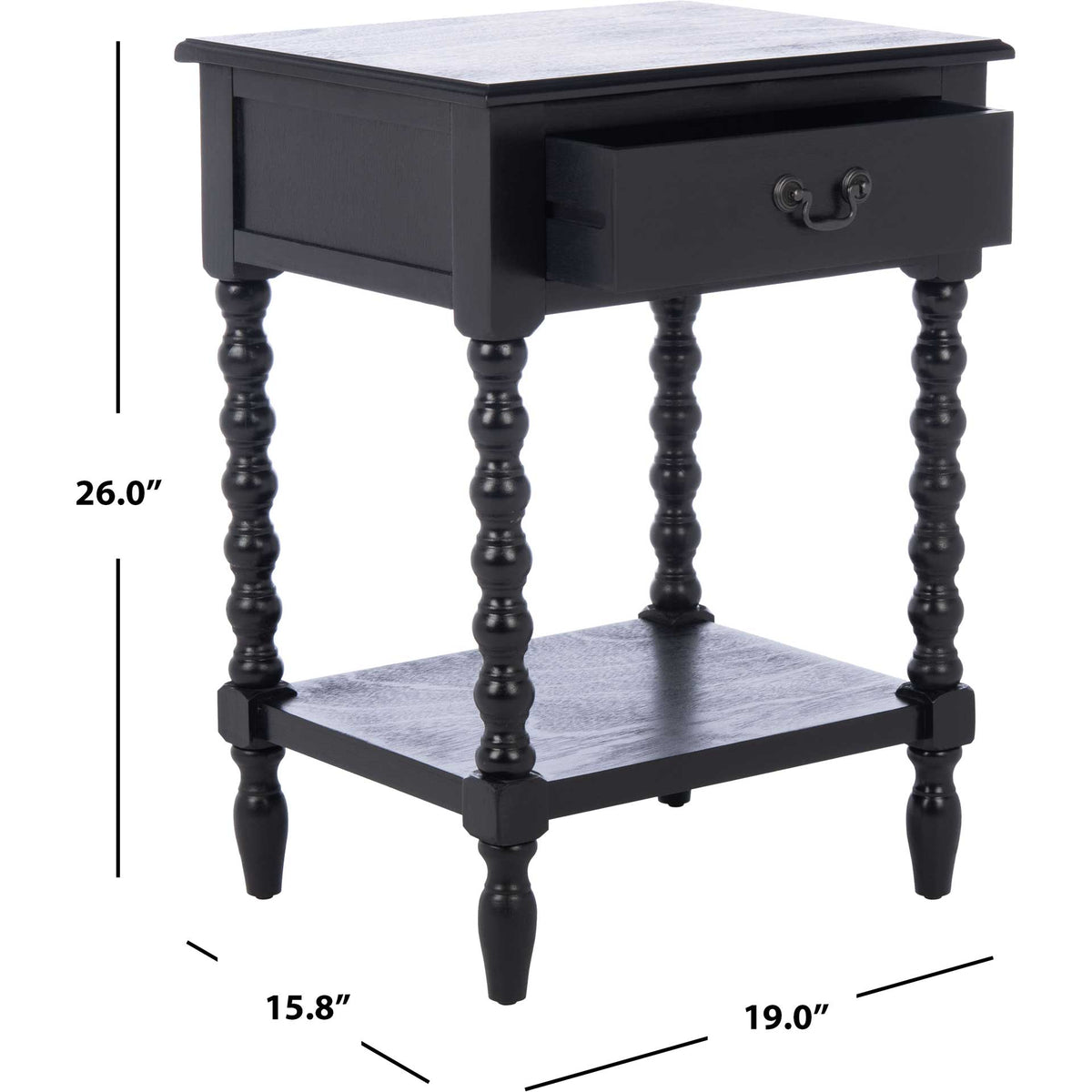 The black table measures 19 inches wide, 15.8 inches deep and 26 inches tall