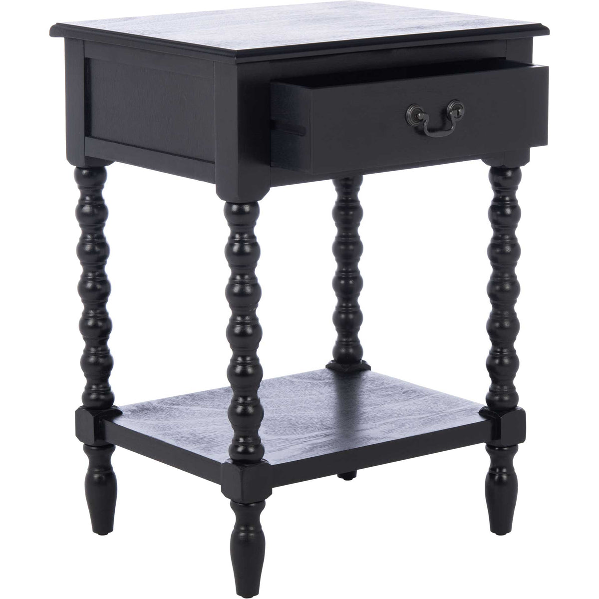 An open drawer reveals convenient storage above the black table's turned legs and bottom shelf