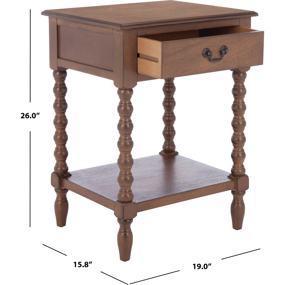 The brown table stands 26 inches tall, with a 19-inch width and 15.8-inch depth