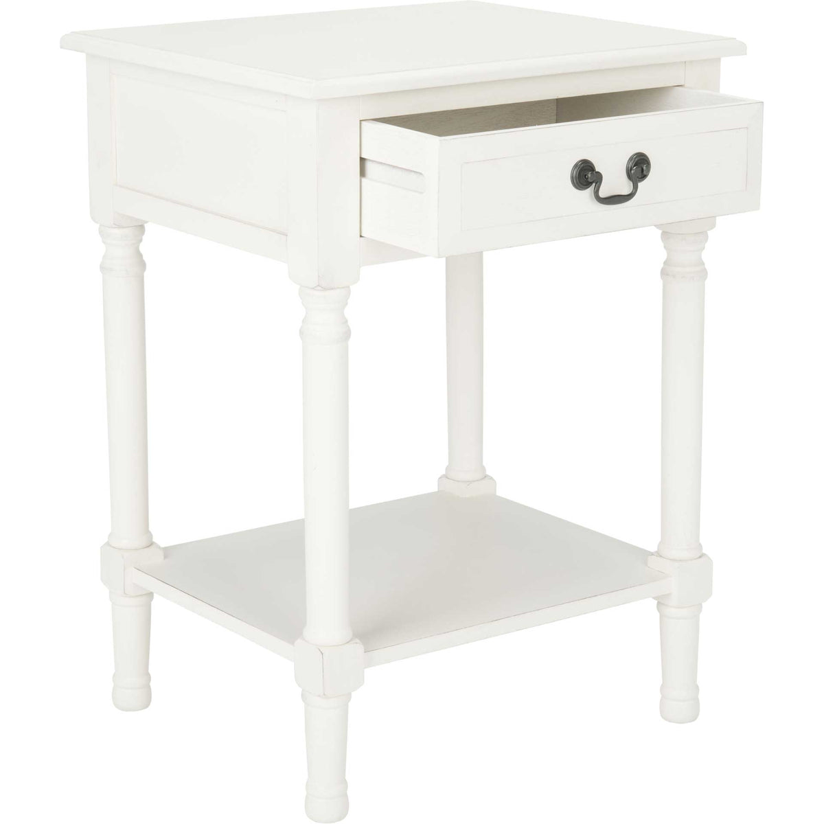 White accent table with its drawer extended above a roomy shelf and turned legs