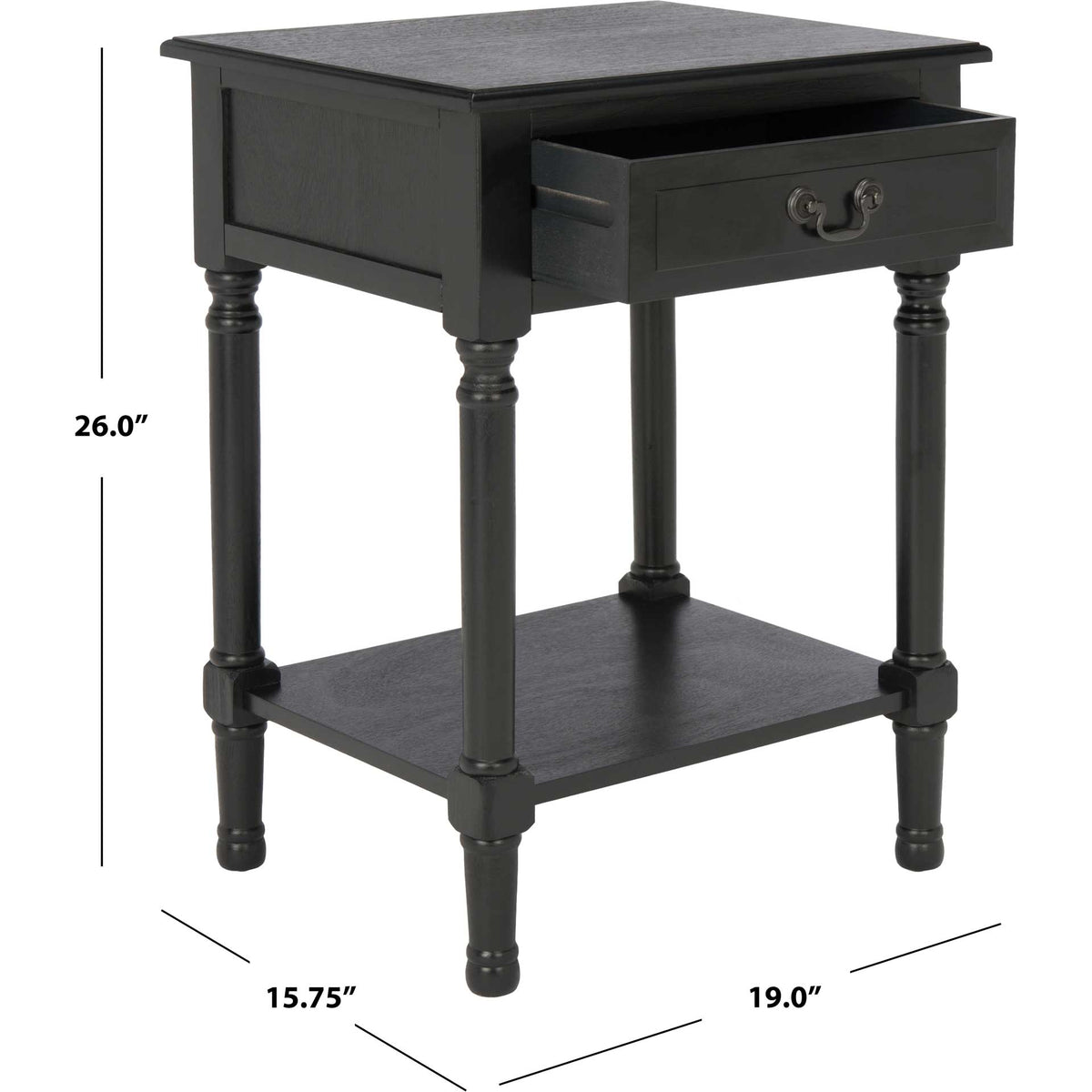 Black accent table measures 19 inches wide, 15.75 inches deep, and 26 inches high