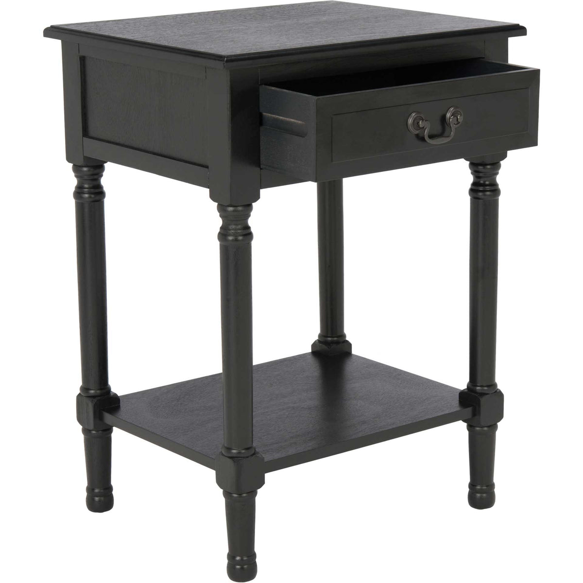 Black accent table with its drawer extended above an open shelf and turned legs