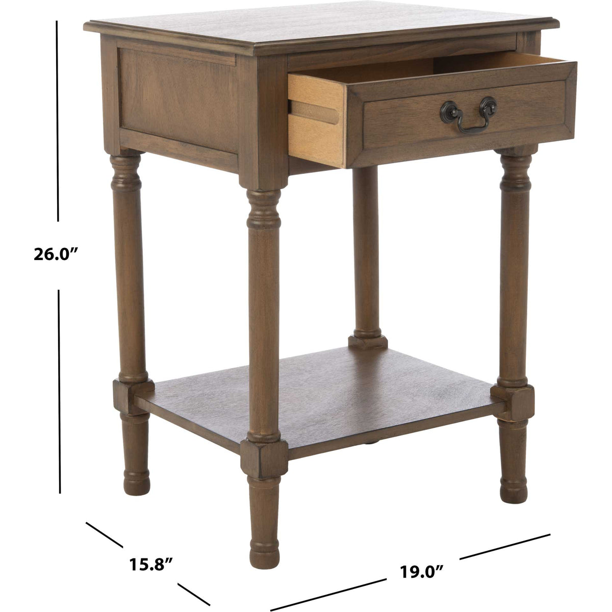 Brown accent table measures 19 inches wide, 15.75 inches deep, and 26 inches high