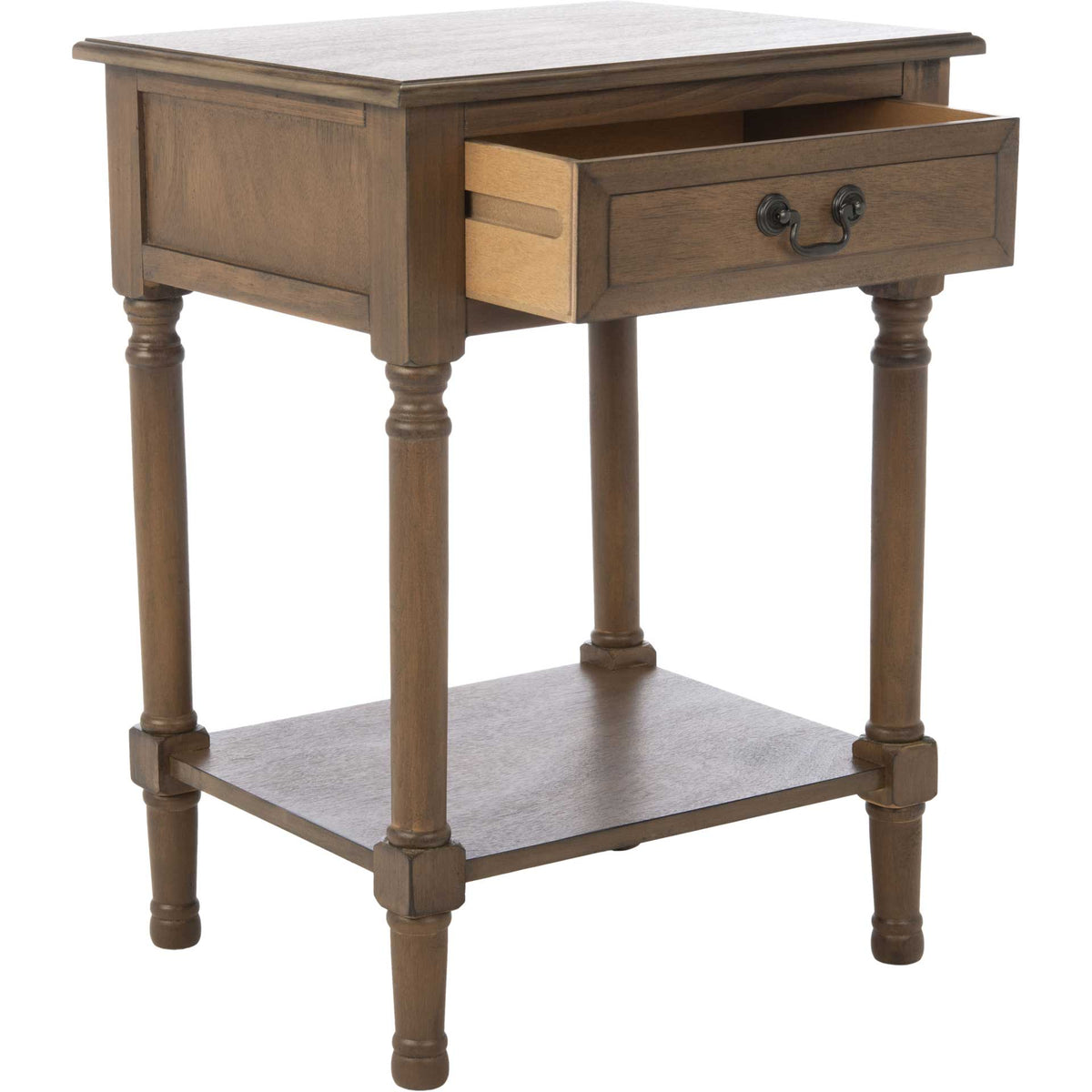 Brown wood accent table with its roomy drawer extended above the lower display shelf