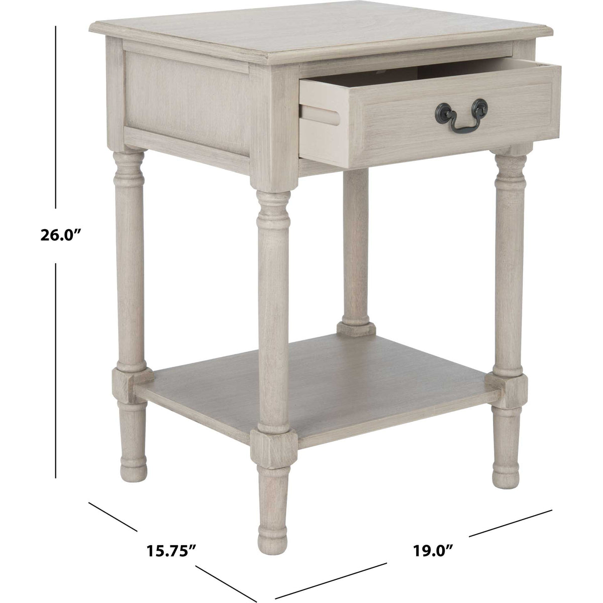 Greige accent table measures 19 inches wide, 15.75 inches deep, and 26 inches high