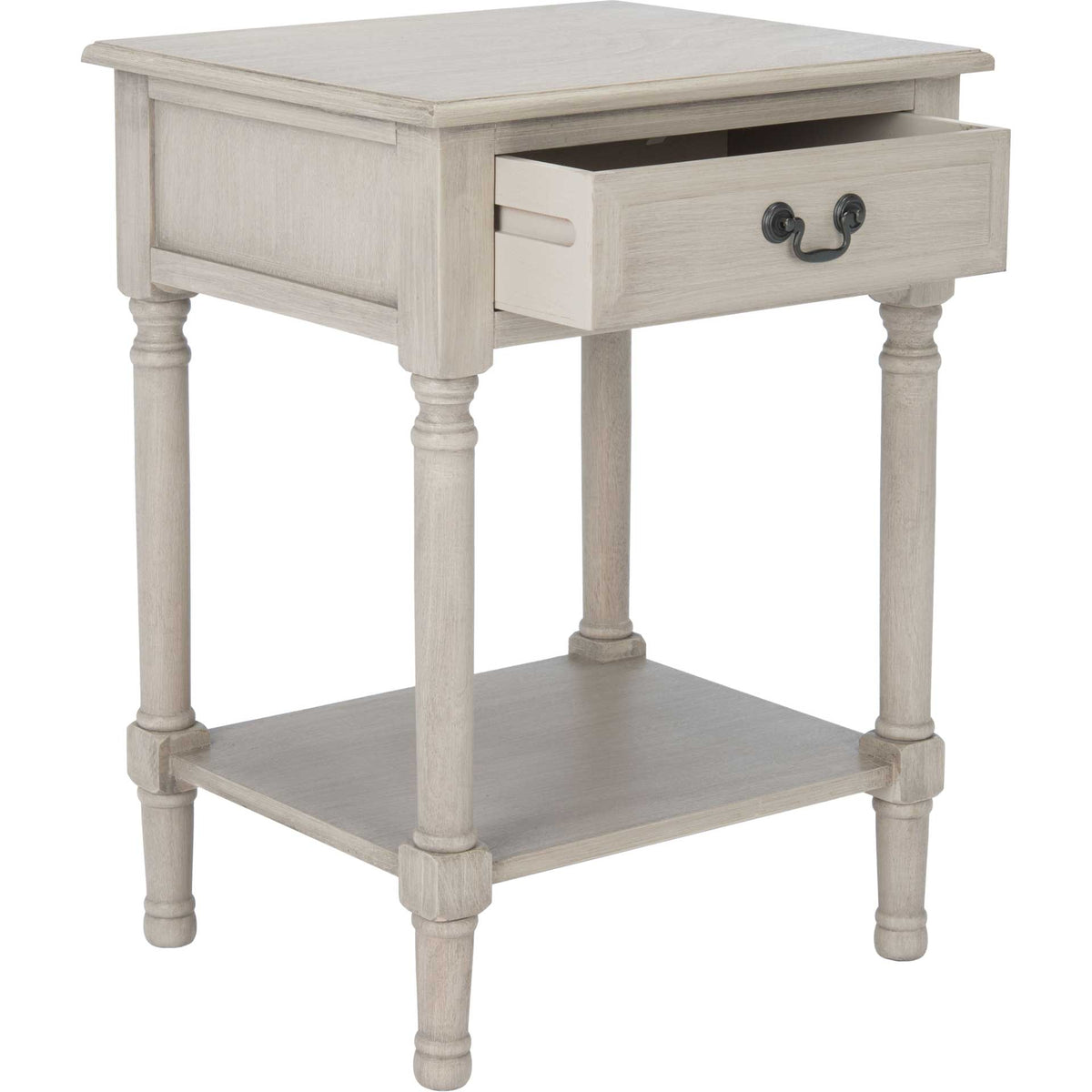 Greige accent table reveals a spacious drawer above a shelf supported by turned legs