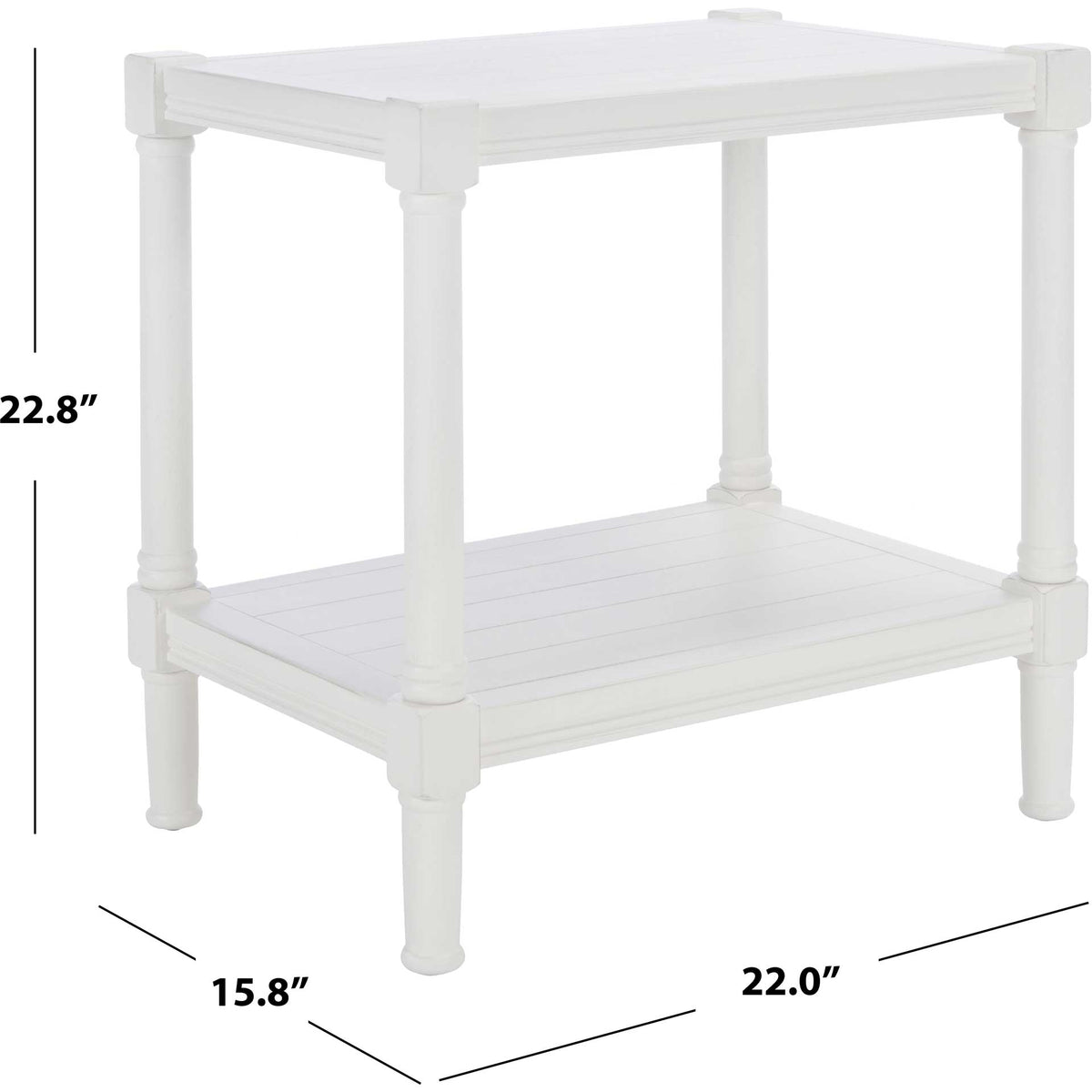 Distressed white accent table with a lower shelf, measuring 22 x 15.8 x 22.8 inches