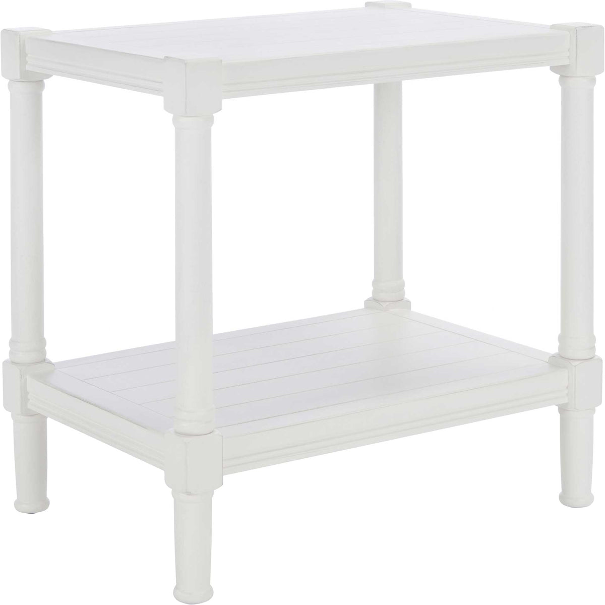 Distressed white accent table with a grooved top, lower shelf and turned legs || ACC5710A || front_angle_studio