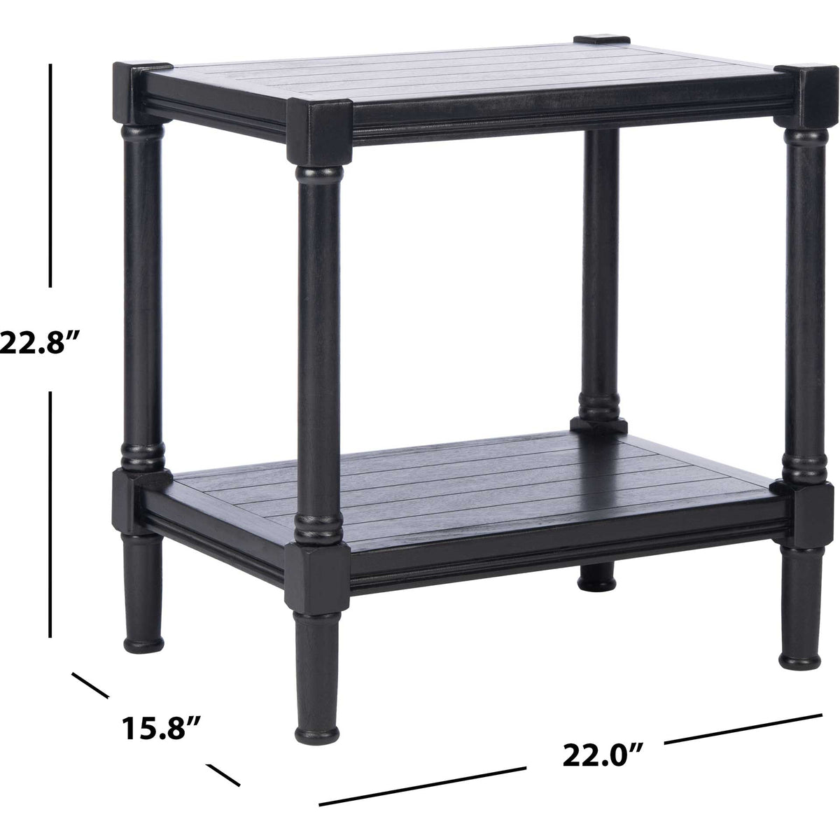 Black accent table with a lower shelf, measuring 22 x 15.8 x 22.8 inches