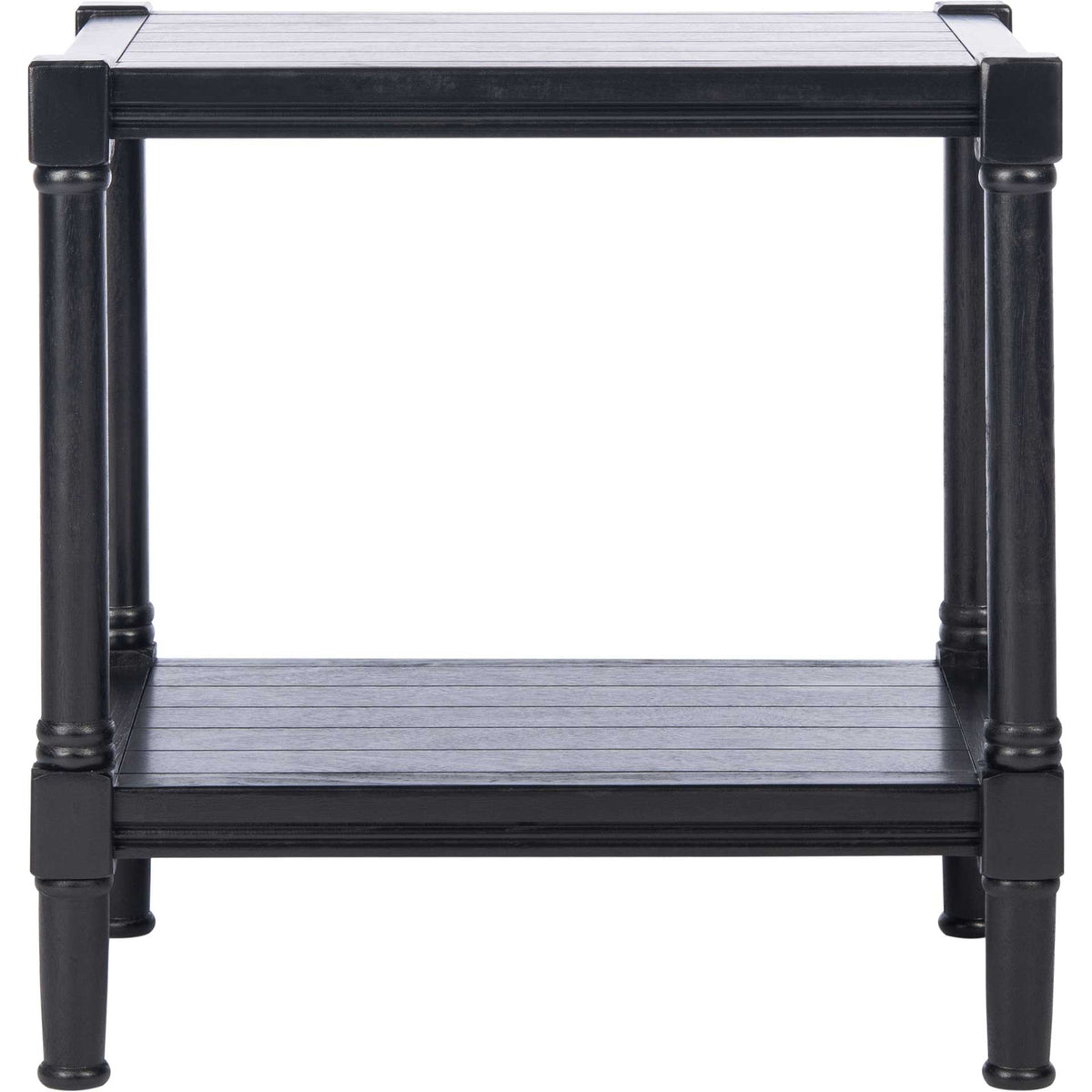 Black accent table with a paneled top and lower shelf framed by four turned legs || ACC5710B || front_studio