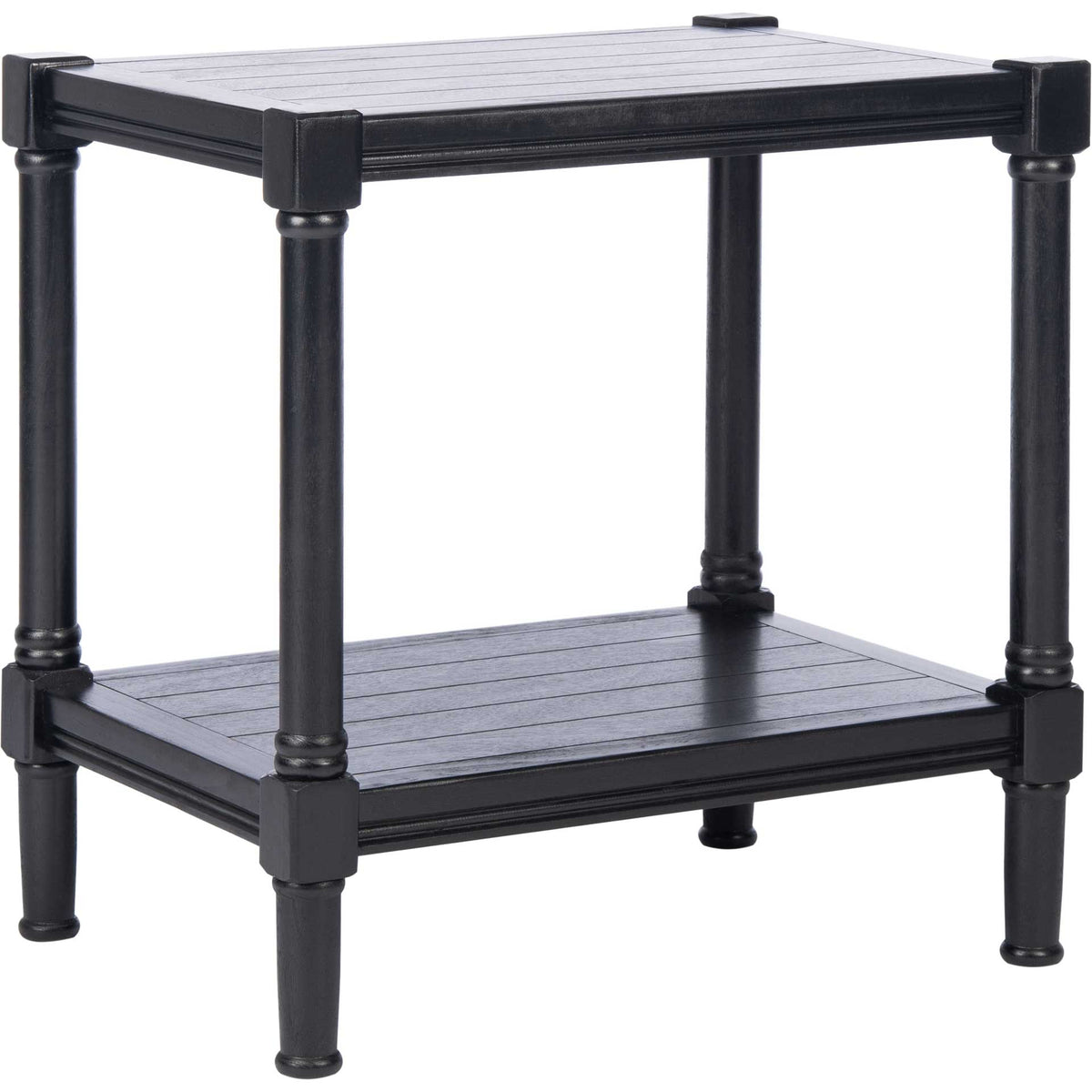 Black rectangular accent table with a grooved top, lower shelf and turned legs || ACC5710B || front_angle_studio