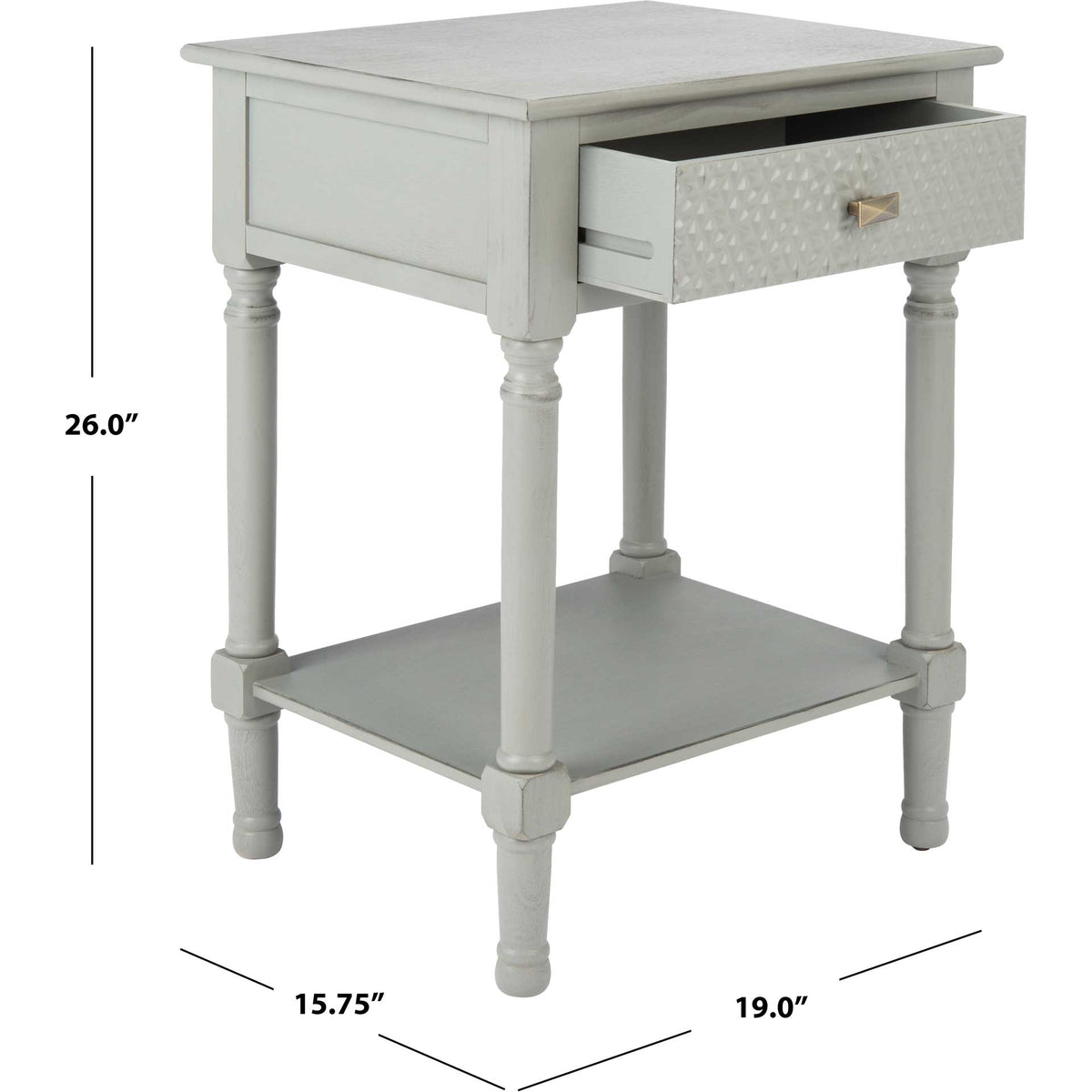 A compact, 26-inch-tall gray table provides a textured drawer and an open display shelf