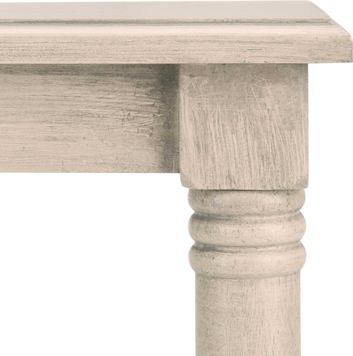 Greige turned table leg reveals decorative rings and a softly textured finish.