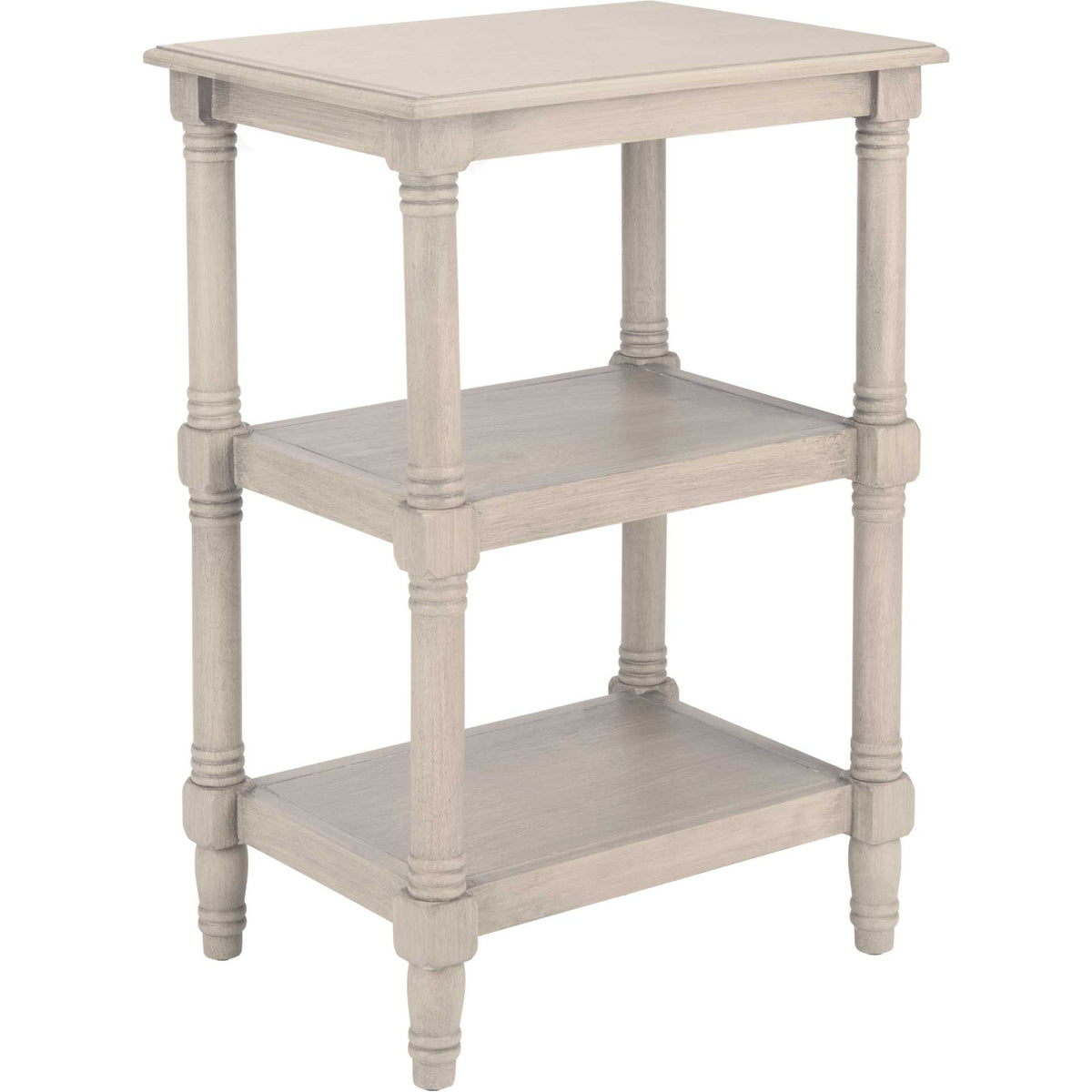 Soft greige accent table combines three display tiers with four turned legs. || ACC5715A || front_angle_studio