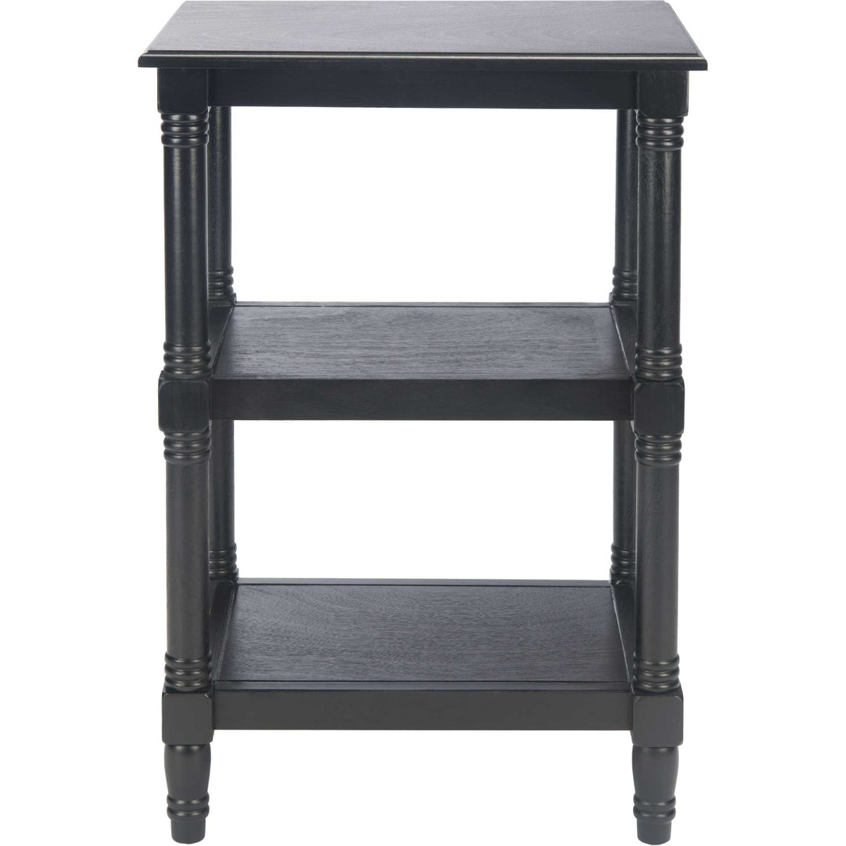 Black accent table offers two open lower shelves beneath a smooth display top. || ACC5715B || front_studio