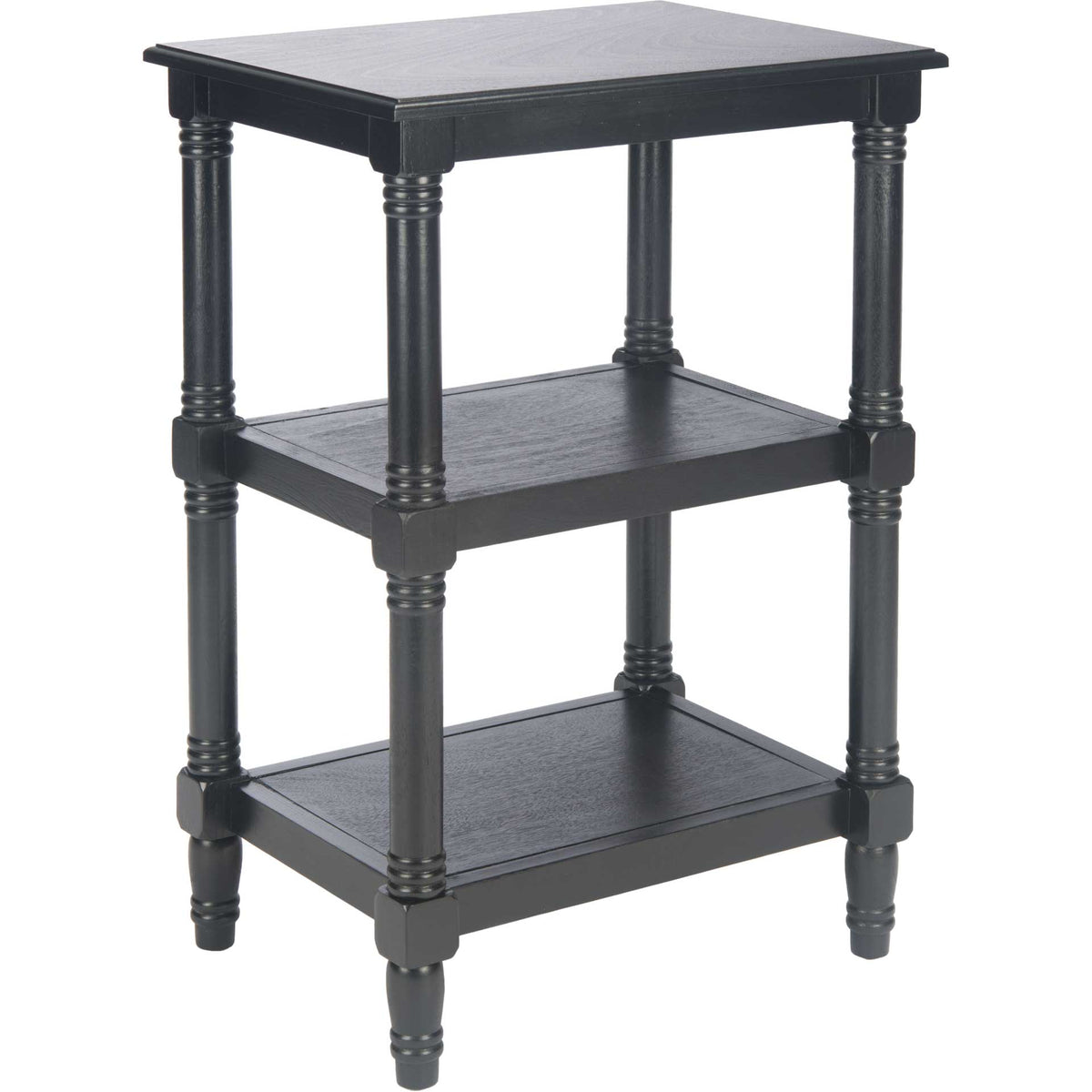 Black three-tier accent table with a rectangular top and classically turned posts. || ACC5715B || front_angle_studio