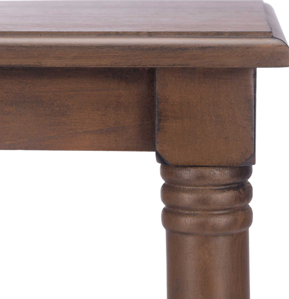 Brown turned table leg shows decorative rings and a rich wood-grain finish.