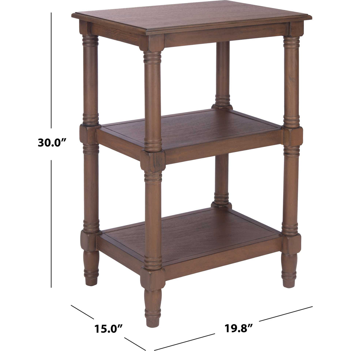 Brown accent table measures 30 inches high, 19.8 inches wide, and 15 inches deep.