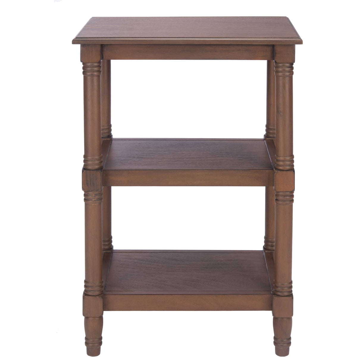 Brown three-tier table features a rectangular top and neatly stacked open shelves. || ACC5715C || front_studio
