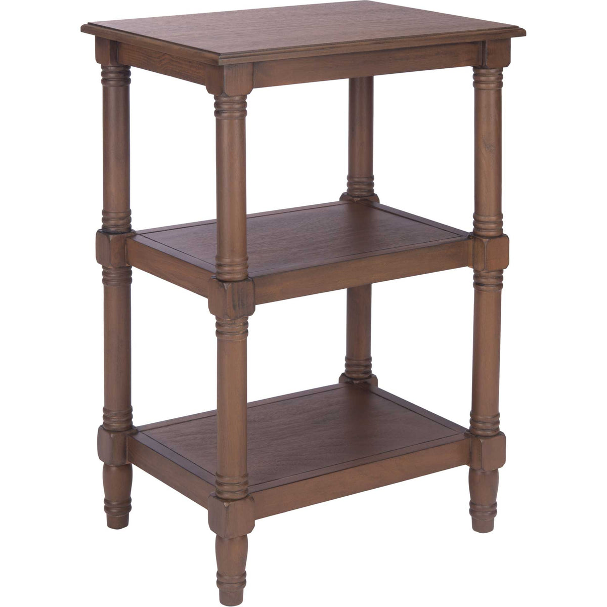 Warm brown accent table pairs wood grain with three display levels and turned legs. || ACC5715C || front_angle_studio