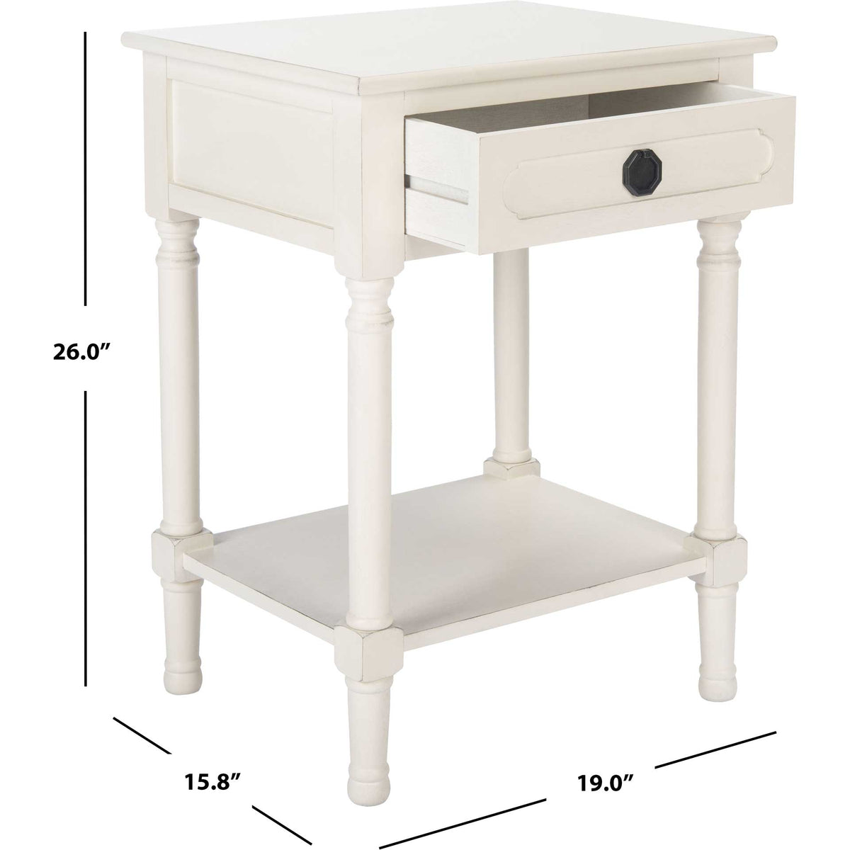 White wood table with a drawer and shelf measures 19 inches wide, 15.8 inches deep and 26 inches high.