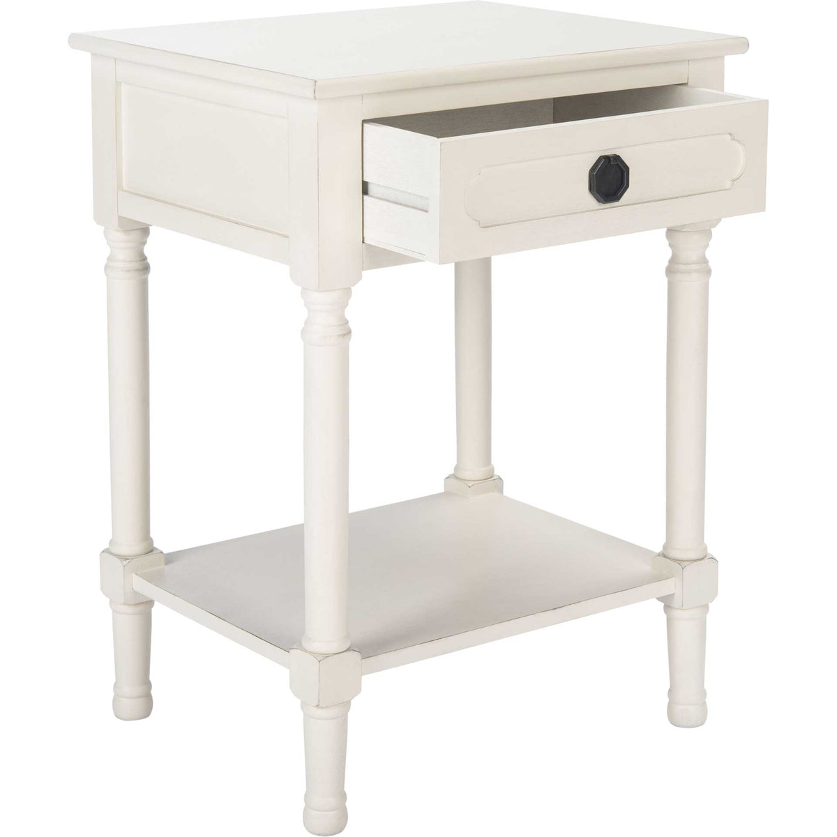 An open drawer adds concealed storage to this white accent table with turned legs and a lower shelf.