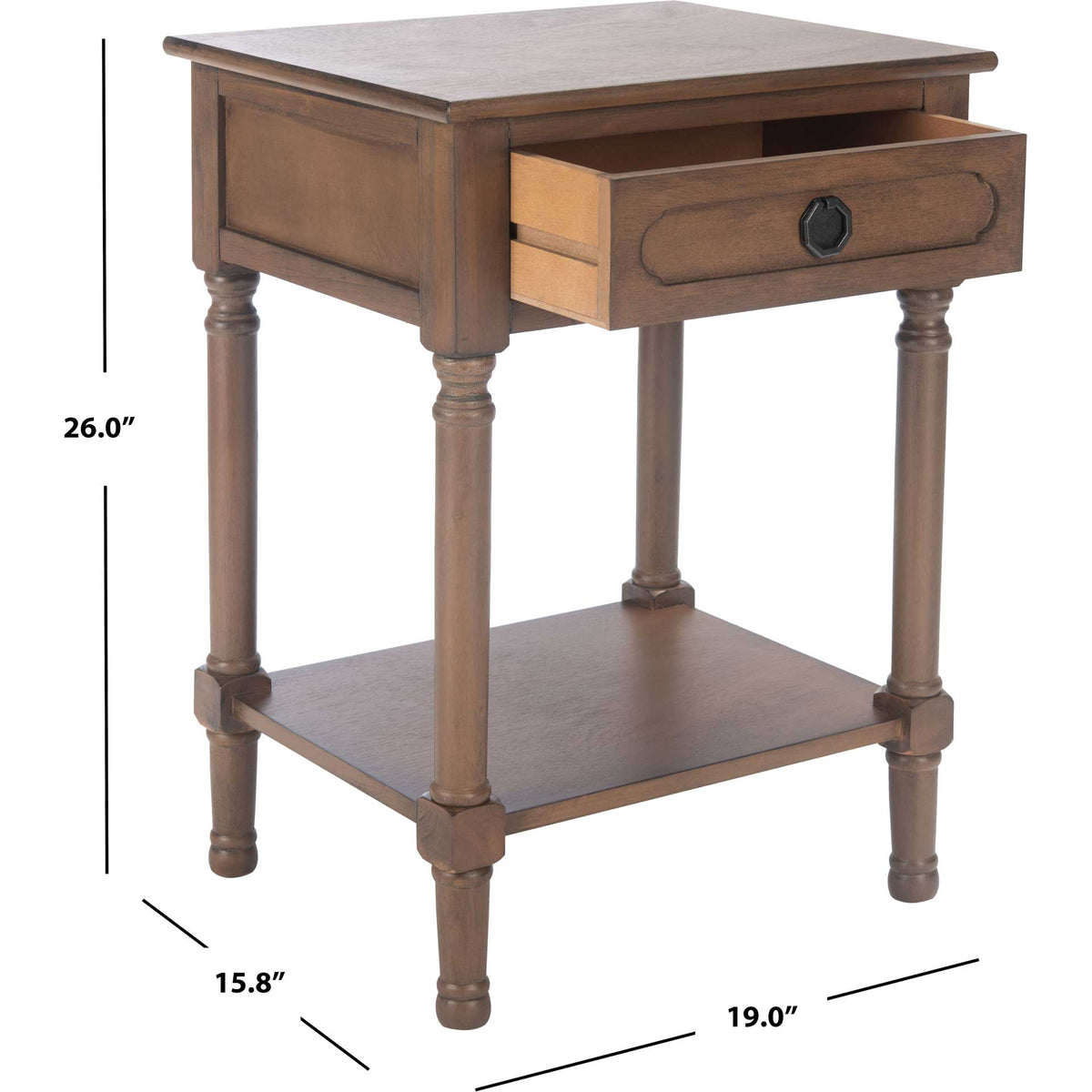 Brown wood table with a drawer and shelf measures 19 inches wide, 15.8 inches deep and 26 inches high.