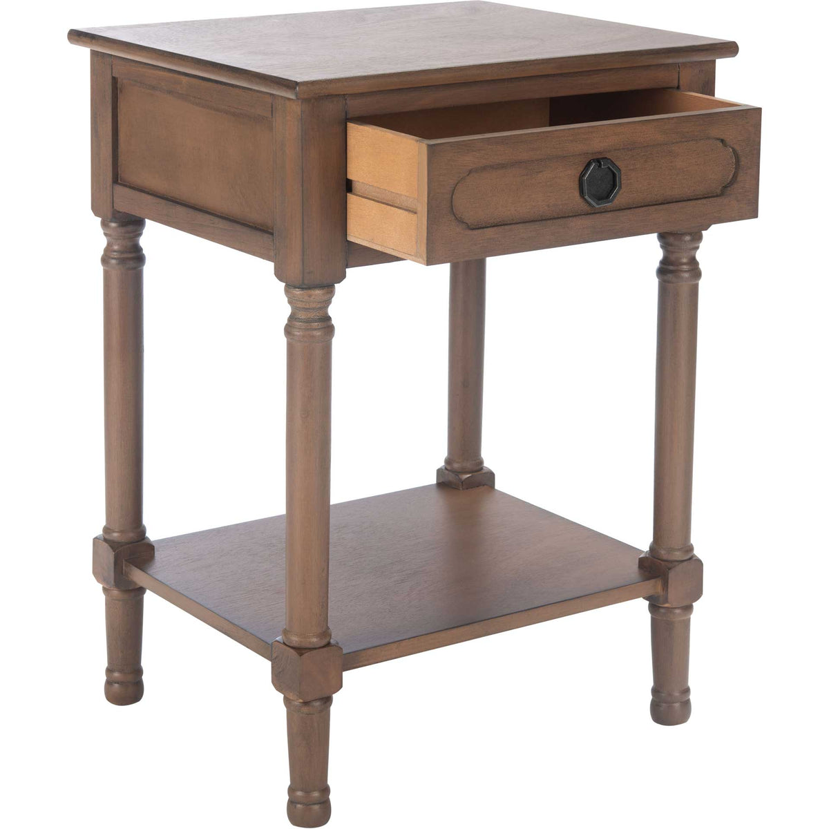 An open drawer reveals handy storage in a brown wood table with turned legs and a lower shelf.