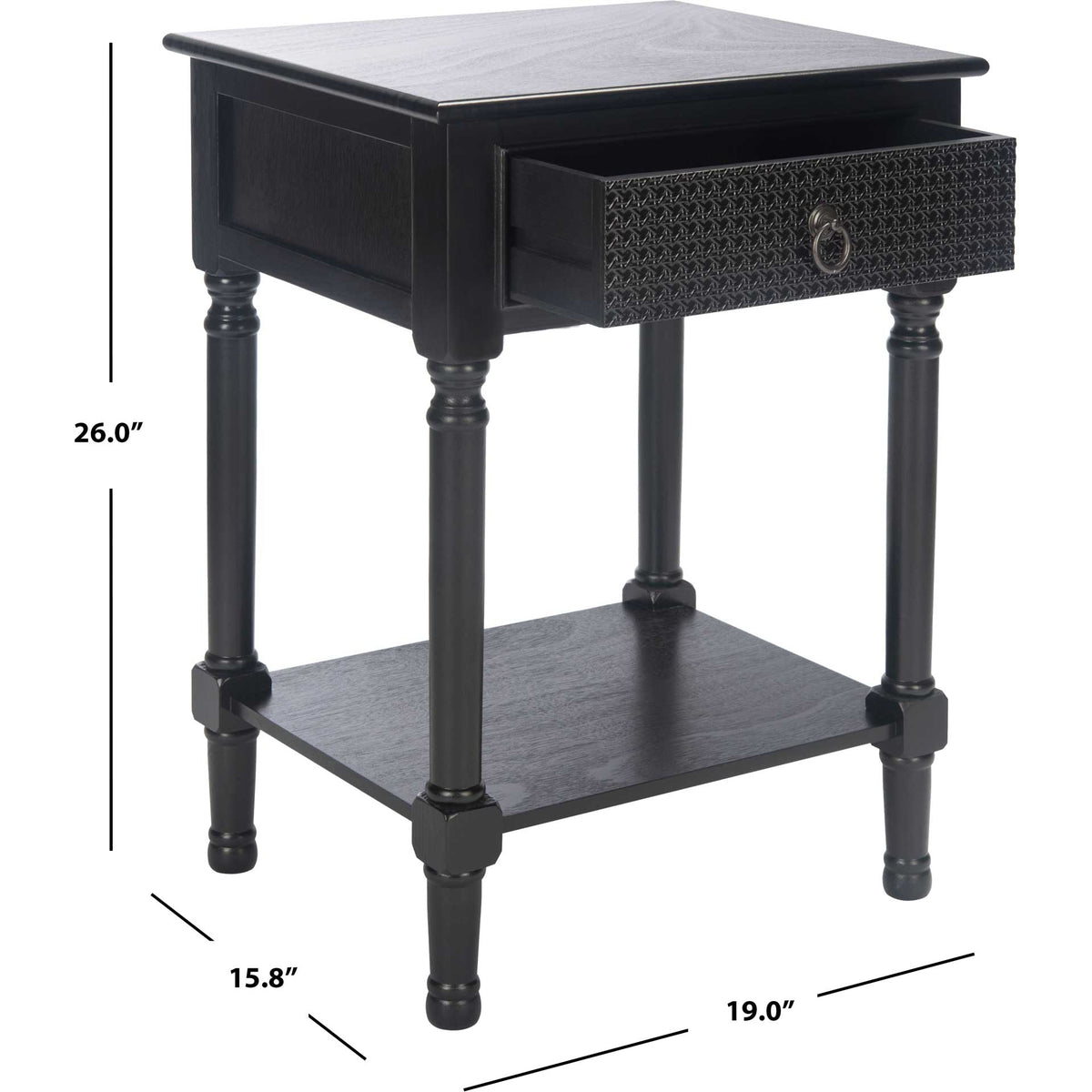 Compact black accent table measures 19 inches wide, 15.75 inches deep, and 26 inches high.