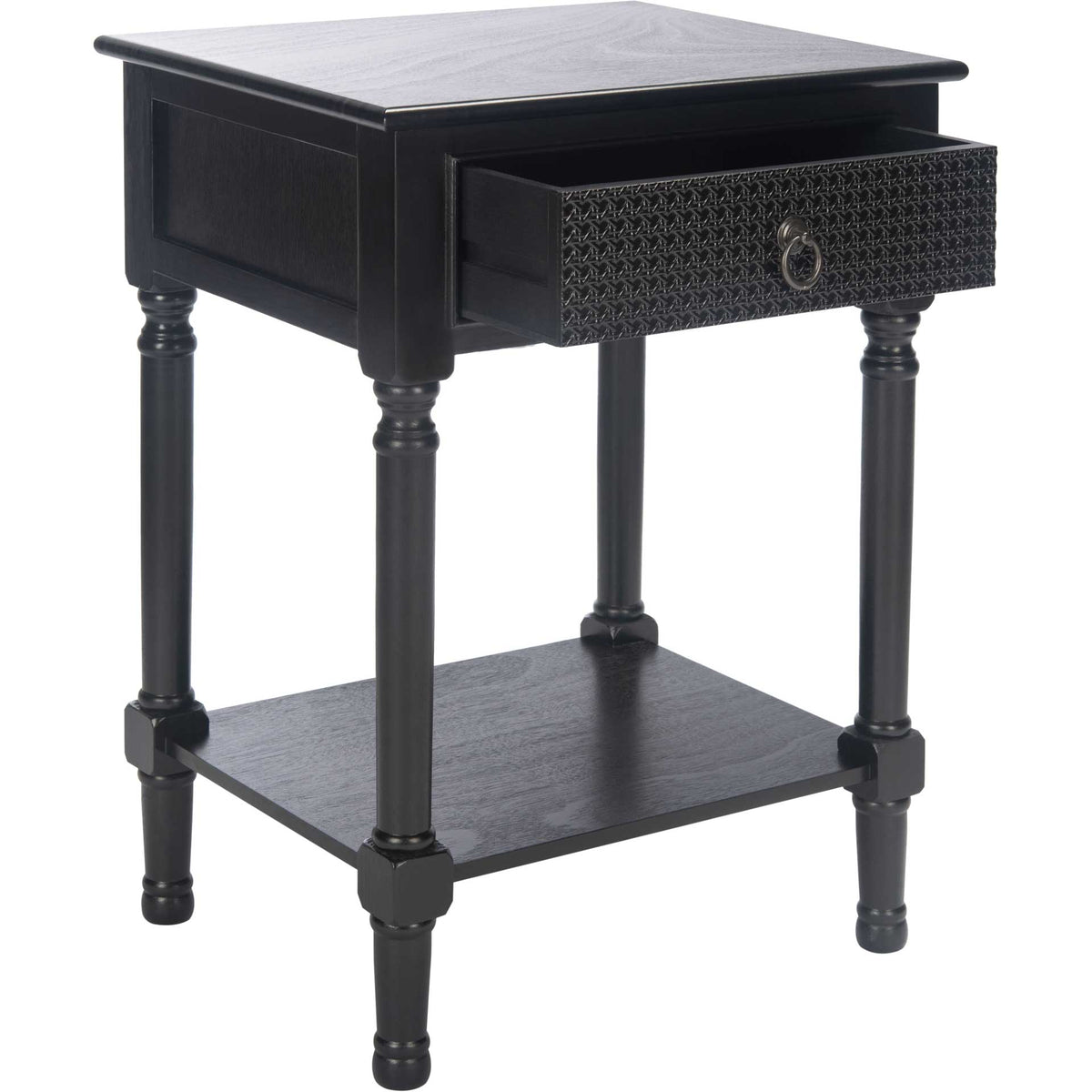 A drawer slides open above the black table's display shelf and turned legs.