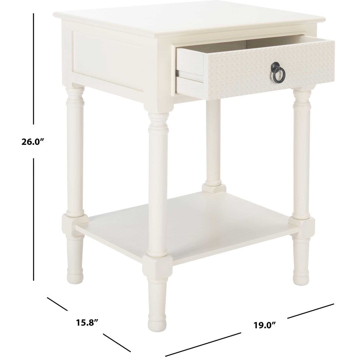 Compact white accent table measures 19 inches wide, 15.75 inches deep, and 26 inches high.