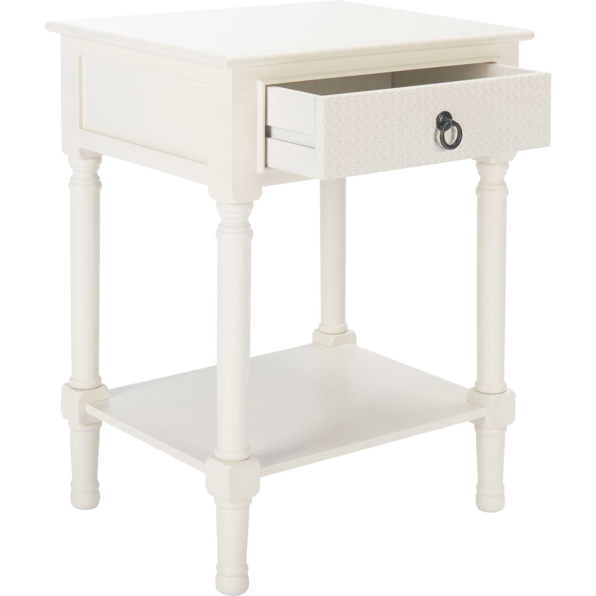 The white table's drawer slides out for tucked-away storage above a roomy lower shelf.