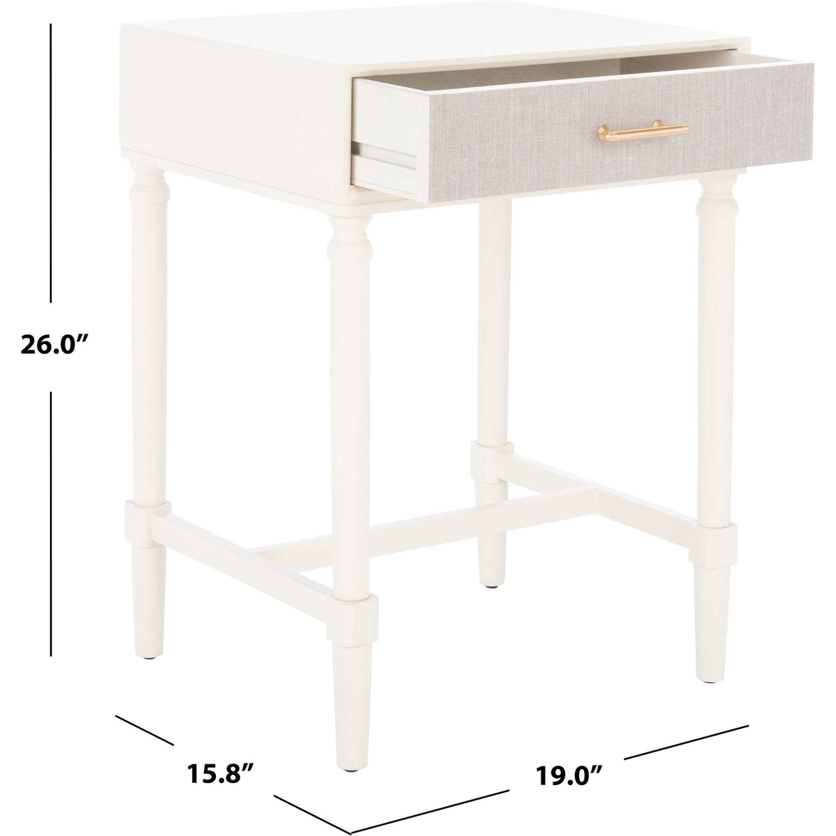 The white accent table measures 19 inches wide, 15.8 inches deep, and 26 inches high.