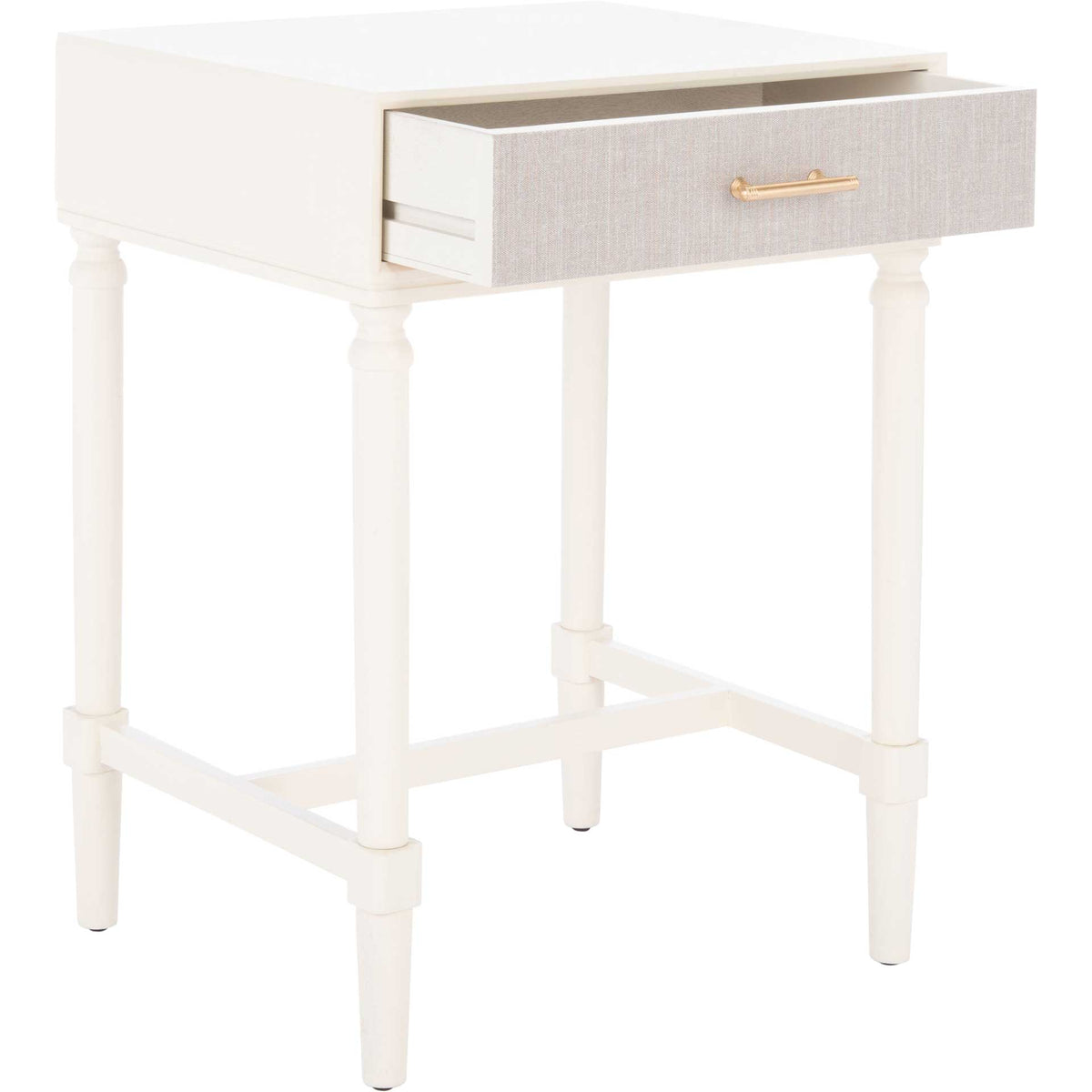 A white accent table opens to reveal a drawer beneath its smooth top and textured front panel.