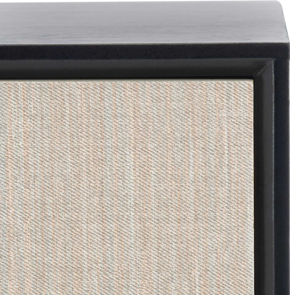 Subtle woven-look texture on the light drawer front stands out against the table's black frame.