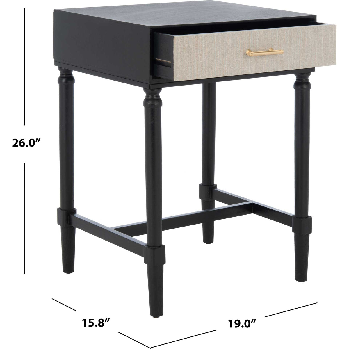 The black accent table measures 19 inches wide, 15.8 inches deep, and 26 inches high.