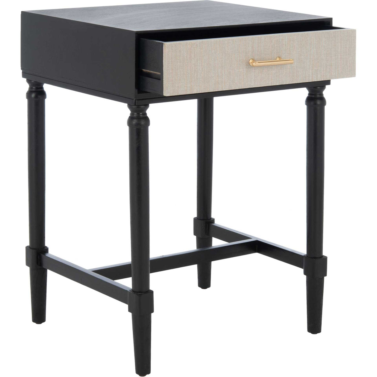 A black accent table opens to a drawer beneath a smooth top, with turned legs and open lower rails.